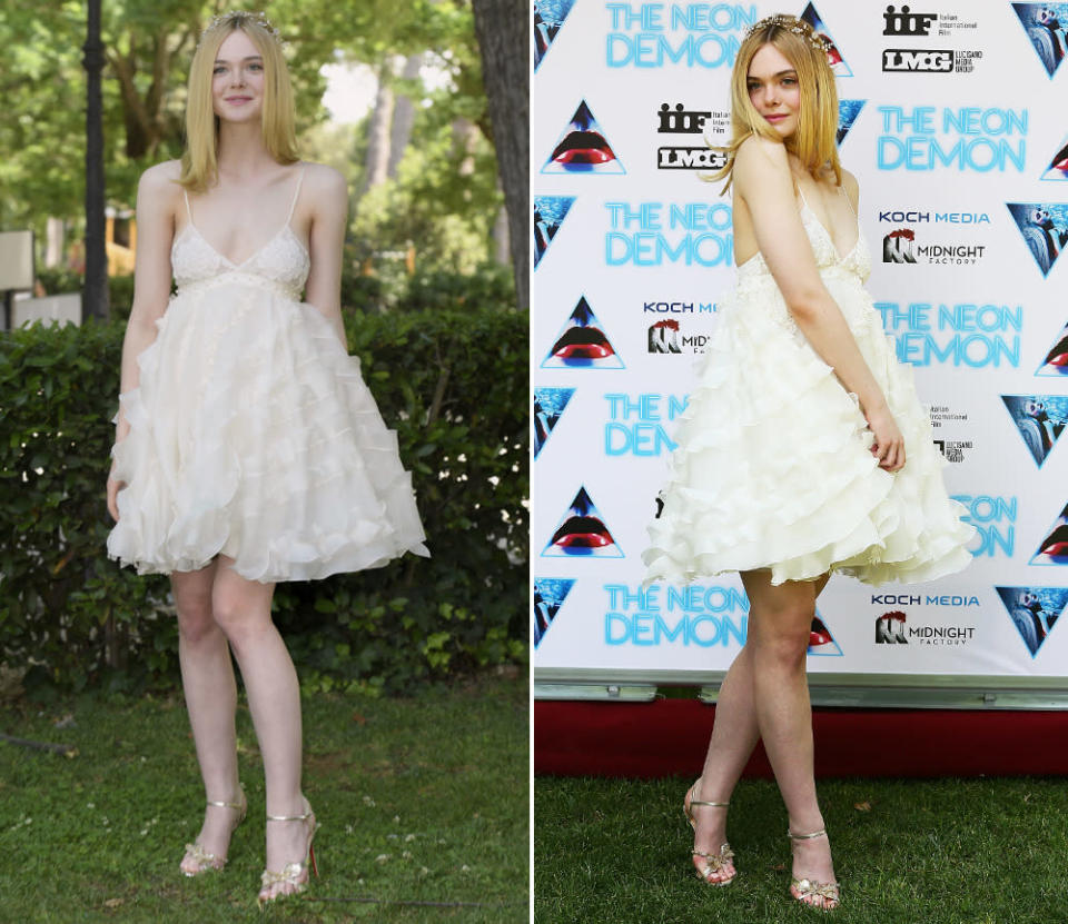 Direkt aus der nächsten Konditorei schien Schauspielerin Elle Fanning zum „Neon Demon“-Photocall in Rom eingeflogen worden zu sein, wo sie in ihrem Puschelkleid aus der Herbstkollektion 2016 von Giamba ein wenig zu sehr an ein Sahnetörchen erinnerte. (6. Juni 2016, Bilder: WENN, Getty Images)