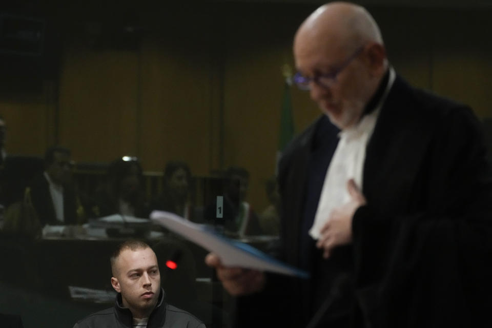 Finnegan Lee Elder attends the appeal trial for the killing of Italian policeman Mario Cerciello Rega, in Rome, Friday, March. 8, 2024. The two American men face a new trial in the slaying of an Italian plainclothes police officer during a botched sting operation after Italy's highest court threw out their convictions. (AP Photo/Gregorio Borgia)