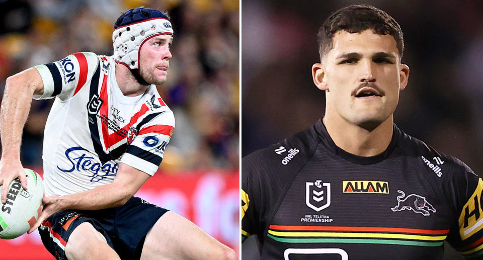 Pictured left to right are NRL stars Luke Keary and injured Penrith halfback Nathan Cleary. 