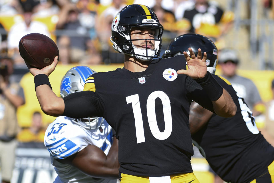 Pittsburgh Steelers quarterback Mitch Trubisky (10) passes against the Detroit Lions during the first half of an NFL preseason football game, Sunday, Aug. 28, 2022, in Pittsburgh. (AP Photo/Fred Vuich)