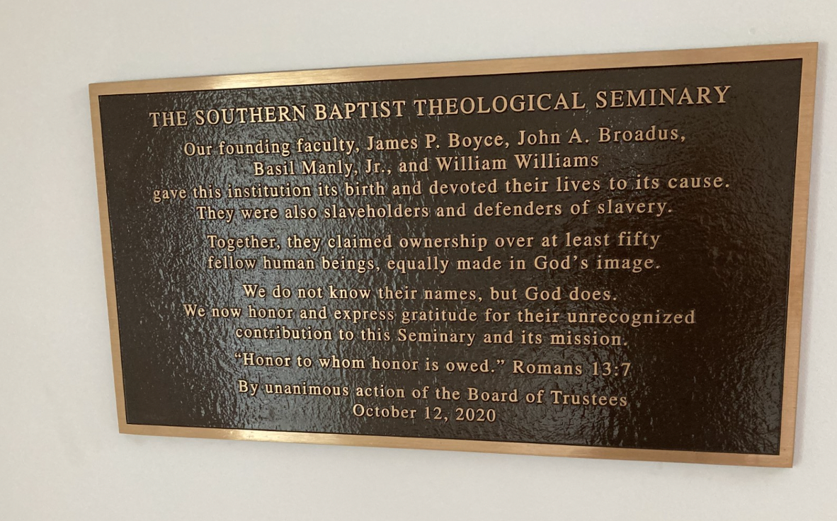 Southern Baptist Theological Seminary erected this plaque to try to make amends for the fact all four of its founders were slave-owners. Black pastors today charge that it is inadequate; one calls it "pathetic" and "hidden"