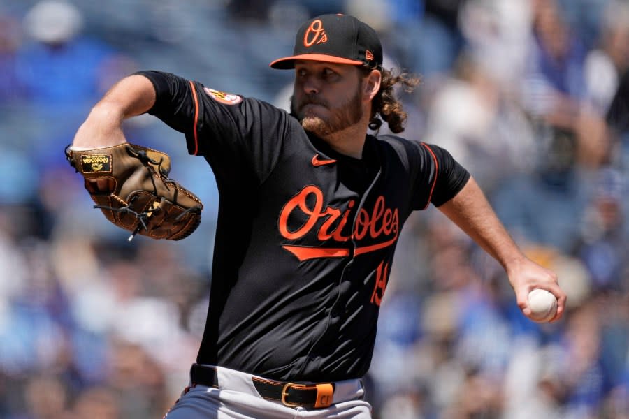 Baltimore Orioles starting pitcher Cole Irvin throws during the first inning of a baseball game against the <a class="link " href="https://sports.yahoo.com/mlb/teams/kansas-city/" data-i13n="sec:content-canvas;subsec:anchor_text;elm:context_link" data-ylk="slk:Kansas City Royals;sec:content-canvas;subsec:anchor_text;elm:context_link;itc:0">Kansas City Royals</a> Sunday, April 21, 2024, in Kansas City, Mo. (AP Photo/Charlie Riedel)