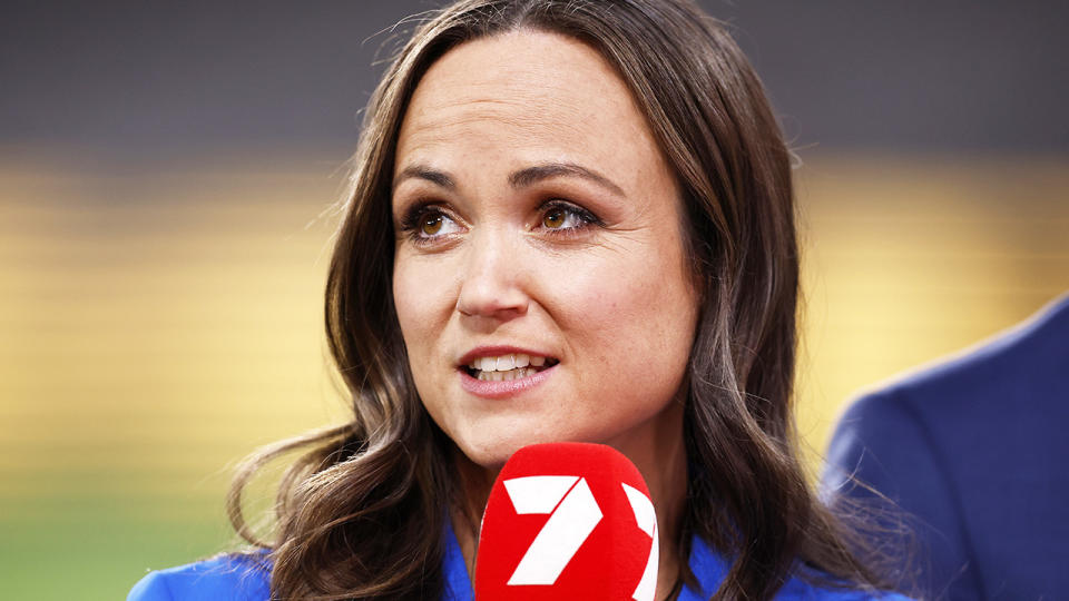 Daisy Pearce, pictured here in commentary for Channel 7 during an AFL game in 2022.