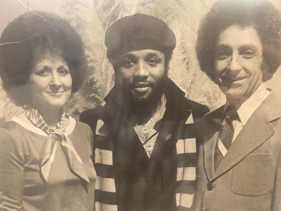 Meralene Lombardi, the late gospel star Andrae Crouch, and the Rev. David Lombardi are shown at Trinity Gospel Temple in Canton where Crouch performed in concert in the 1970s.