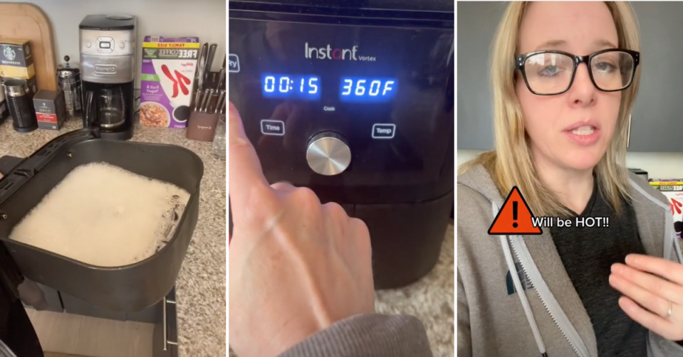 Stills from TikTok video showing a hack for cleaning an air fryer