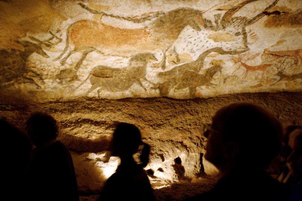 European cave paintings in Lascaux, southwestern France showing horse and bison.