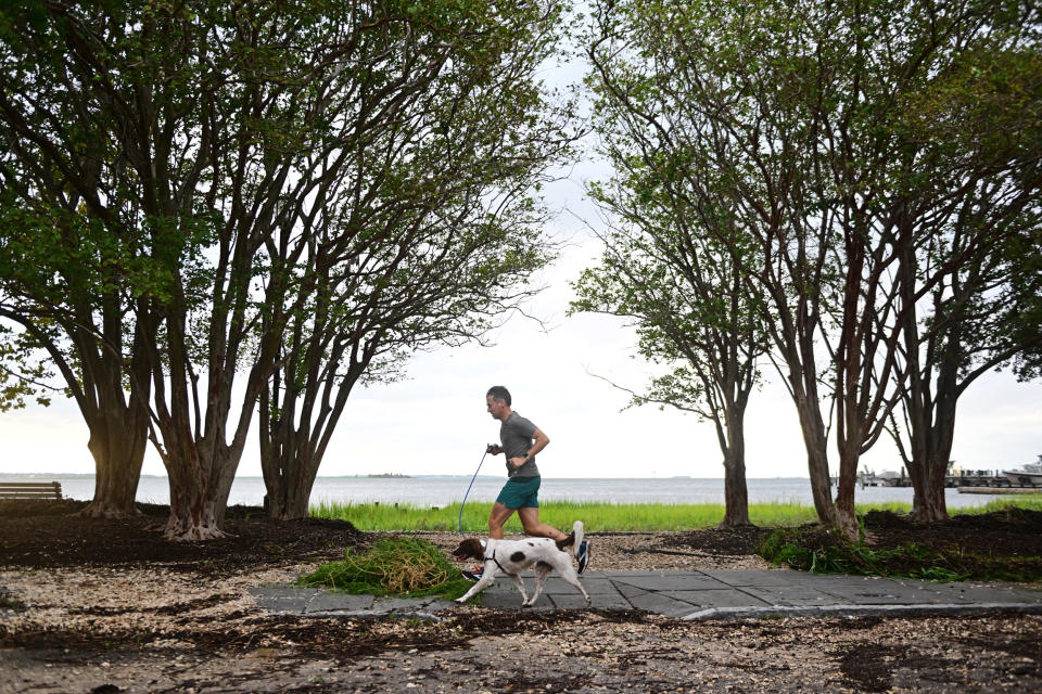 A runner avoids storm debris left from Tropical Storm Idalia in Charleston, S.C. on Aug. 31, 2023. (Michael Wiser for NBC News)