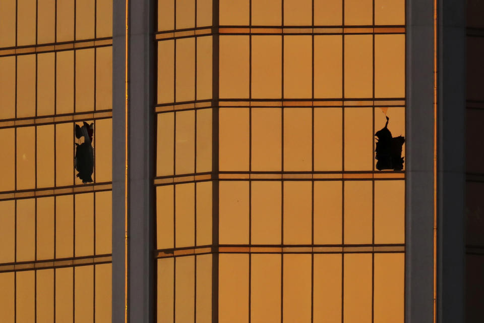 Police say Paddock blasted round after round from the 32nd floor of the Mandelay Hotel into an unsuspecting crowd beneath him. Source: AP