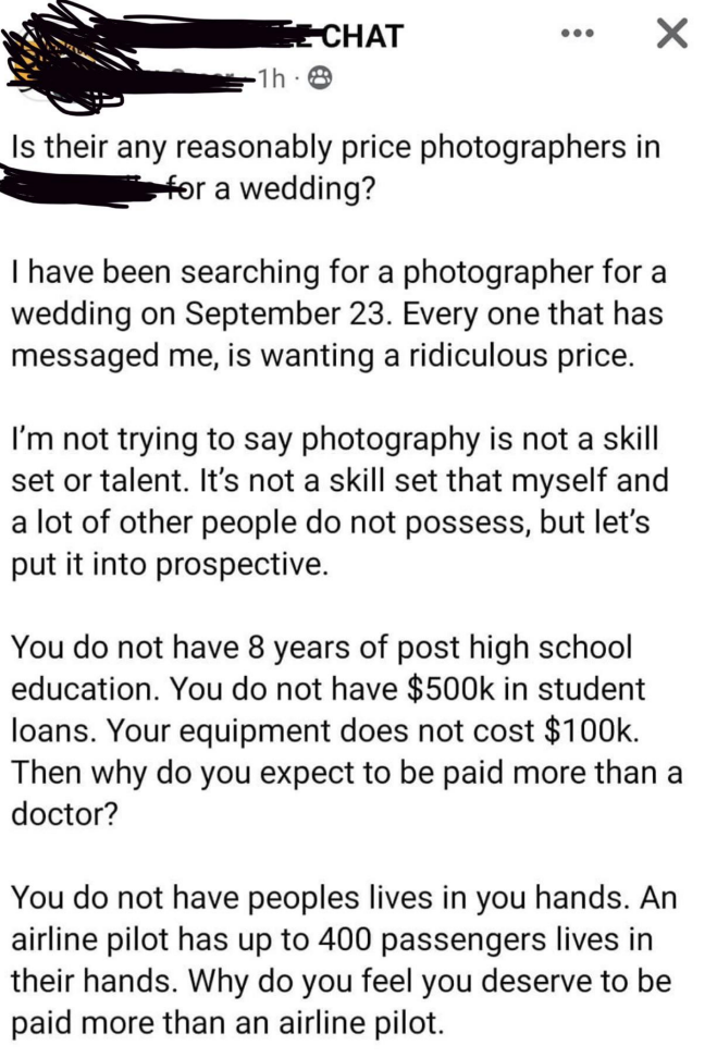 person belittling photographers while also asking for one