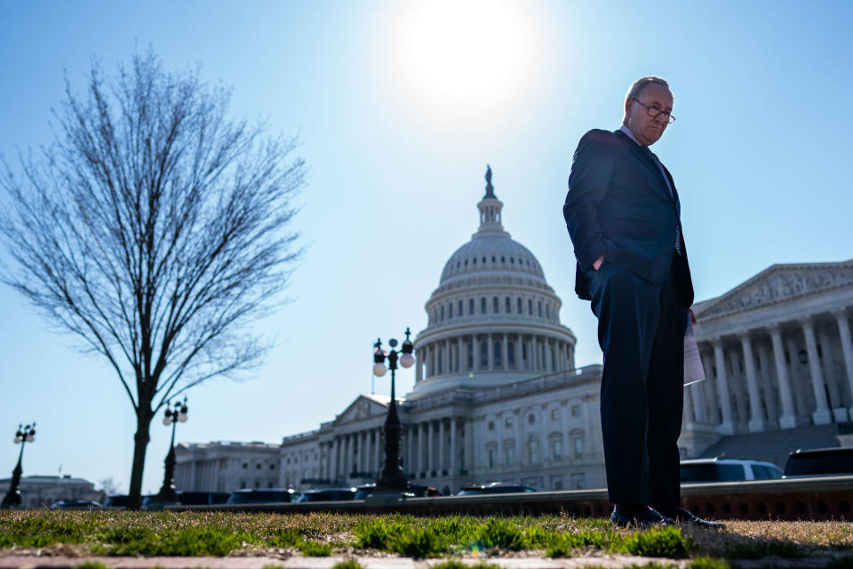 WASHINGTON, DC - MARCH 10: Senate Majority Leader Chuck Schumer (D-NY) attends a press conference on Capitol Hill on Wednesday, March 10, 2021 in Washington, DC.  (Kent Nishimura / Los Angeles Times via Getty Images)