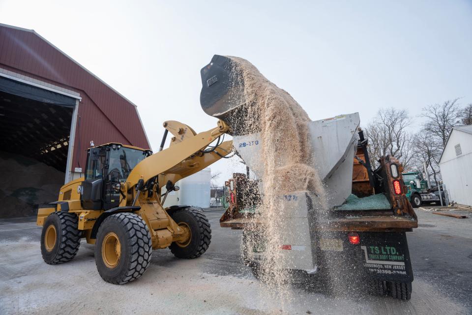 Bergen County snowplows are filled with salt as preparations begin for the snowstorm expected overnight at the Bergen County Annex in Paramus, NJ on Monday Feb. 12, 2024.