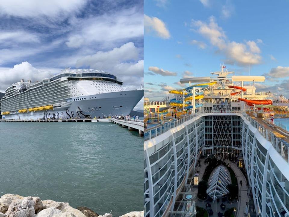 On the left, a view of the outside of the Wonder of the Seas at port. On the right, a view of the ship and slides from top of the ship.