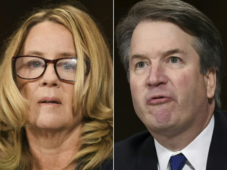 This combination of pictures shows Dr. Christine Blasey Ford, the woman who accused Supreme Court Judge Brett Kavanaugh (R) of sexually assaulting her at a party 36 years ago, during a Senate hearing