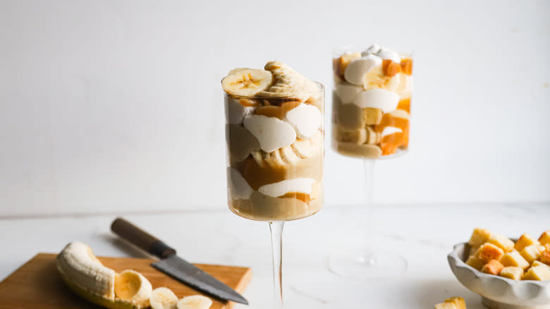 Mini butterscotch banana pudding trifles