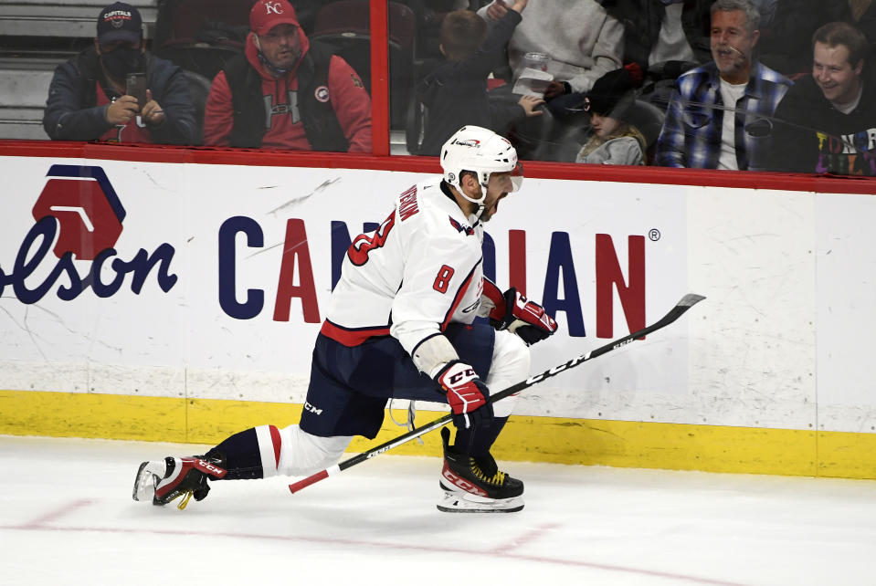 Washington Capitals left wing Alex Ovechkin (8) celebrates his goal against the Ottawa Senators during second-period NHL hockey game action in Ottawa, Ontario, Monday, Oct. 25, 2021. (Justin Tang/The Canadian Press via AP)