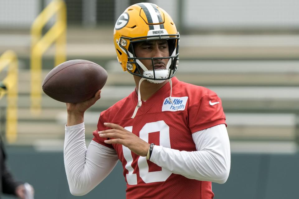 Green Bay Packers' Jordan Love throws during an NFL football OTA practice session Wednesday, May 31, 2023, in Green Bay, Wis. (AP Photo/Morry Gash)