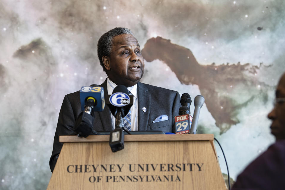 Aaron A. Walton, Cheyney's president, announces fundraising campaign and continued partnerships to ensure the school's financial future, during a news conference at the school Tuesday, March 5, 2019 in Philadelphia. The nation's oldest historically black college, which has struggled with plummeting enrollment and financial woes in recent years, has announced a plan intended to balance the school's budget and lure new, top-tier students. (Jose F. Moreno/The Philadelphia Inquirer via AP)