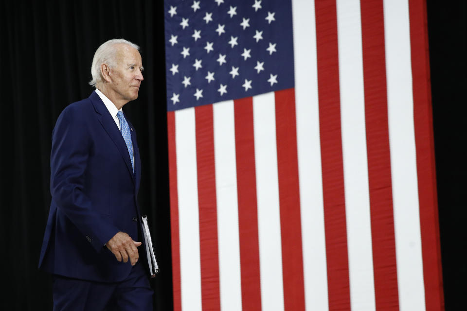 Democratic presidential candidate, former Vice President Joe Biden departs after speaking at Alexis Dupont High School in Wilmington, Del., Tuesday, June 30, 2020. (AP Photo/Patrick Semansky)