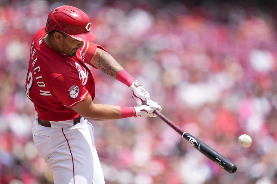 Cincinnati Reds' Christian Encarnacion-Strand hits a single against the Arizona Diamondbacks during the second inning of a baseball game Sunday, July 23, 2023, in Cincinnati. (AP Photo/Jeff Dean)