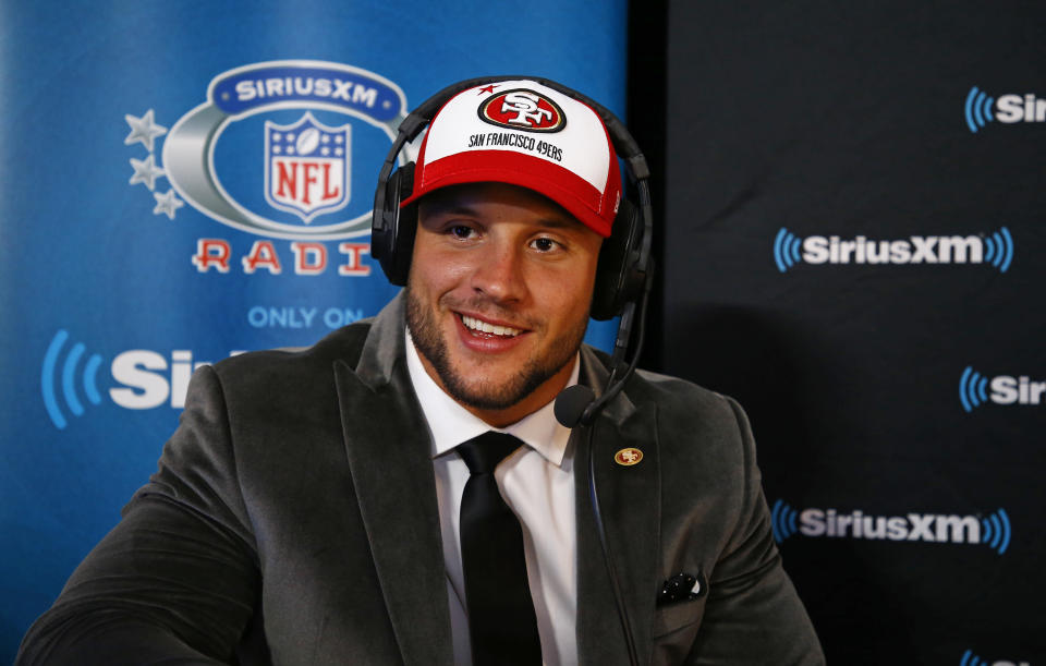 IMAGE DISTRIBUTED FOR SIRIUSXM - San Francisco 49ers first round pick Nick Bosa visits SiriusXM NFL Radio at the NFL Draft on Thursday, April 25, 2019 in Nashville, Tenn. (Wade Payne/AP Images for SiriusXM)
