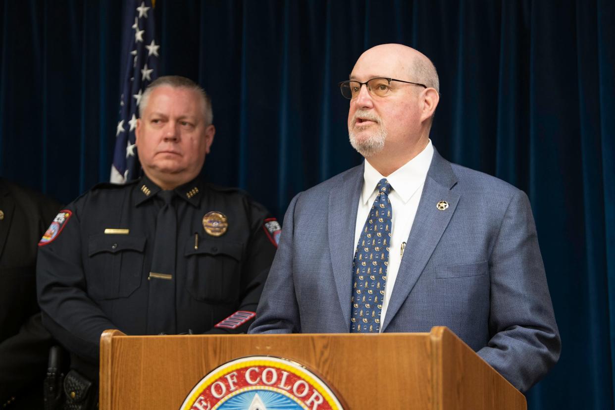 U.S. Marshal Kirk Taylor speaks about a joint law enforcement operation, dubbed "Steel City Rescue," during a press conference on Friday, April 14, 2023.