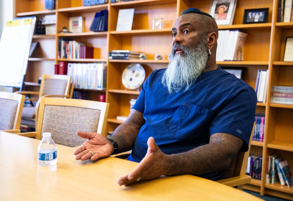 Registered Nurse André Chambers talks about his life experiences and his involvement in the short film "Merman" at the Betty Ford Center in Rancho Mirage, Calif., Thursday, July 6, 2023.