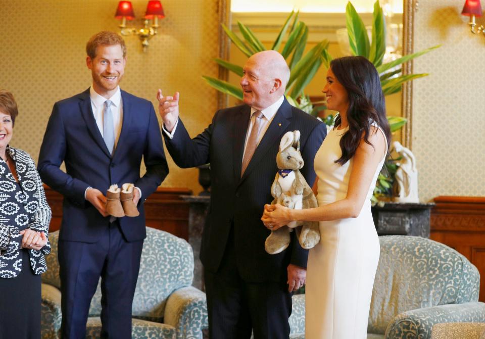 Meghan and Harry <a rel="nofollow noopener" href="https://people.com/royals/meghan-markle-prince-harry-receive-first-official-baby-gifts/" target="_blank" data-ylk="slk:received their first official baby gifts;elm:context_link;itc:0;sec:content-canvas" class="link ">received their first official baby gifts</a> just a few hours after announcing their pregnancy. During their royal tour, Australia's Governor General Peter Cosgrove and his wife, Lady Lynne Cosgrove, gave the couple a fluffy stuffed kangaroo (complete with a baby joey!) and baby Uggs. “That’s so cute, it’s our first baby gift!” Meghan said in response.