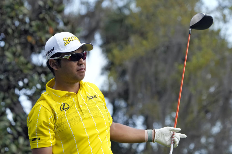 Hideki Matsuyama, of Japan, reacts to his errant shot on the second hole during the final round of The Players Championship golf tournament Sunday, March 17, 2024, in Ponte Vedra Beach, Fla. (AP Photo/Lynne Sladky)