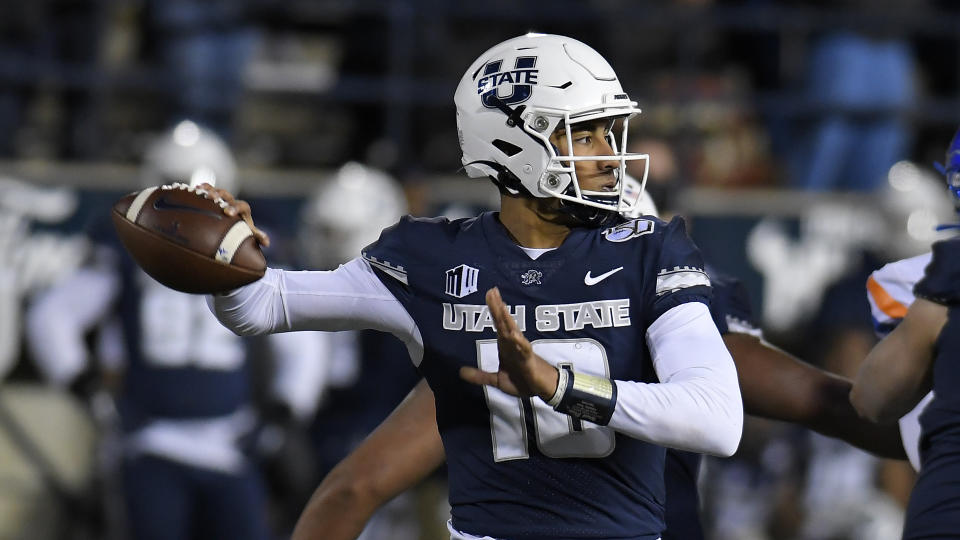 Utah State quarterback Jordan Love (10) throws the ball against Boise State during the second half of an NCAA college football game Saturday, Nov. 23, 2019, in Logan, Utah. (AP Photo/Eli Lucero)