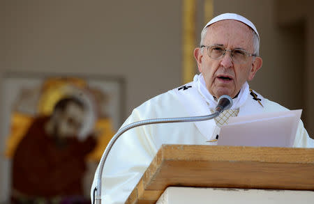 Pope Francis celebrates a mass in San Giovanni Rotondo, Italy March 17, 2018. REUTERS/Tony Gentile