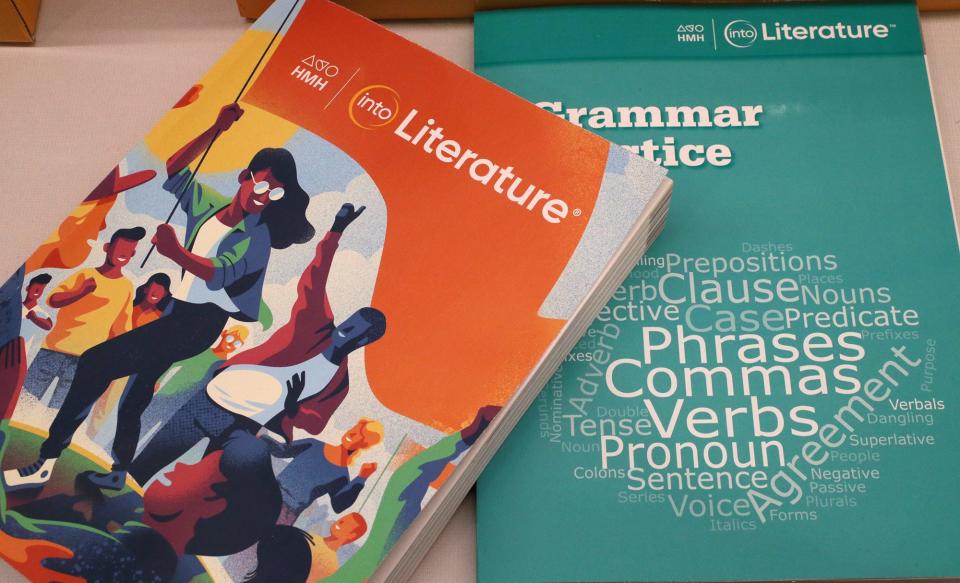 This seventh grade literature textbook and grammar practice book are part of Akron Public Schools' proposed new English language arts and reading curriculums for grades K-12.