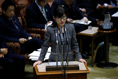 Japan's Defense Minister Tomomi Inada (C) speaks at the upper house parliamentary session after reports on North Korea's missile launches, in Tokyo, Japan, March 6, 2017. REUTERS/Issei Kato