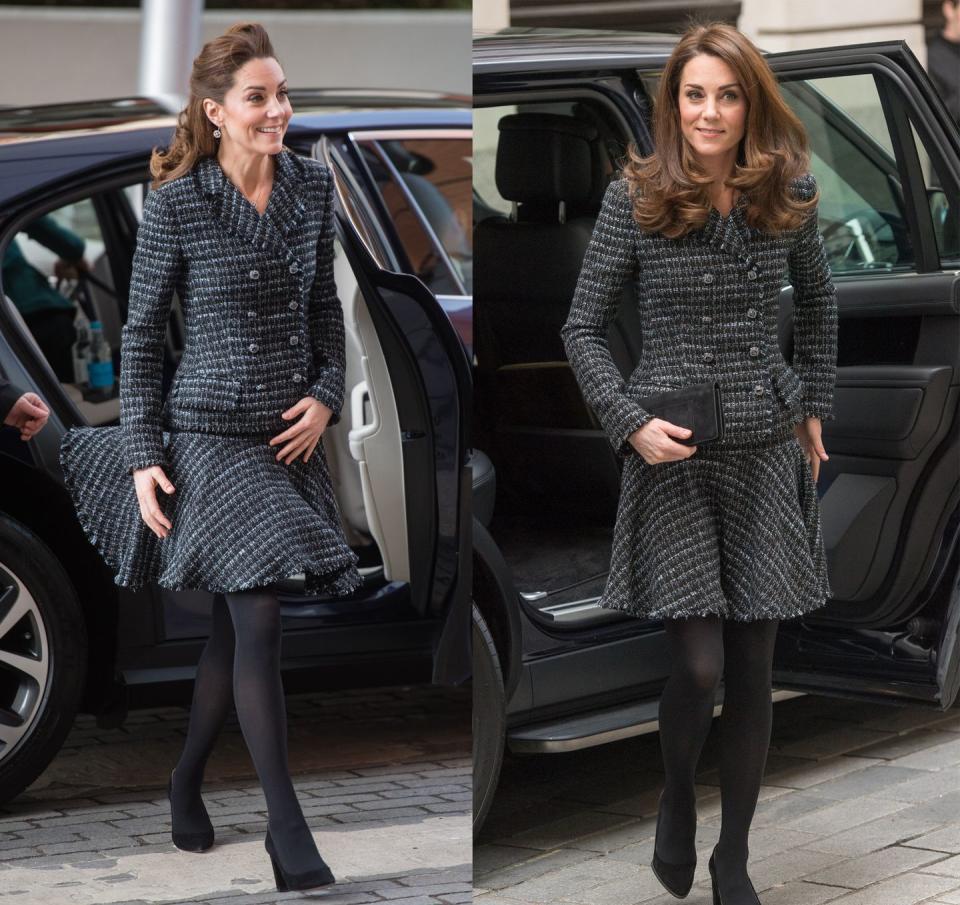 <p>Kate stepped out on Monday, January 27, to visit the Evelina Children's Hospital in London, rewearing a tweed boucle skirt suit by Dolce & Gabbana that she previously wore for the Royal Foundation's Mental Health in Education Conference in February 2019. </p>