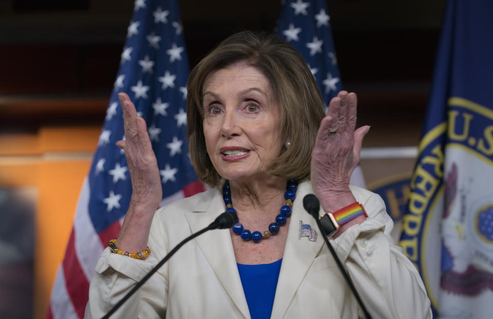 Speaker of the House Nancy Pelosi, D-Calif., talks to reporters as the House Intelligence Committee holds public impeachment hearings of President Donald Trump's efforts to tie U.S. aid for Ukraine to investigations of his political opponents. Pelosi says there is clear evidence that President Donald Trump has used his office for his personal gain. She says doing that "undermined the national security of the United States." (Photo: J. Scott Applewhite/AP)