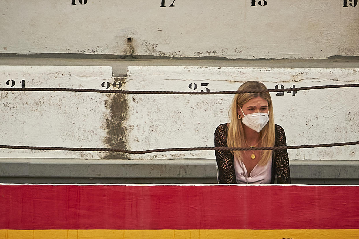 Ana Soria, girlfriend of bullfighter Enrique Ponce, seen in the stands during the Virgen de las Angustias Bullfighting Festival at the Monumental de Frascuelo bullring on September 26, 2020 in Granada, Spain.   (Photo by Fermin Rodriguez/NurPhoto via Getty Images)