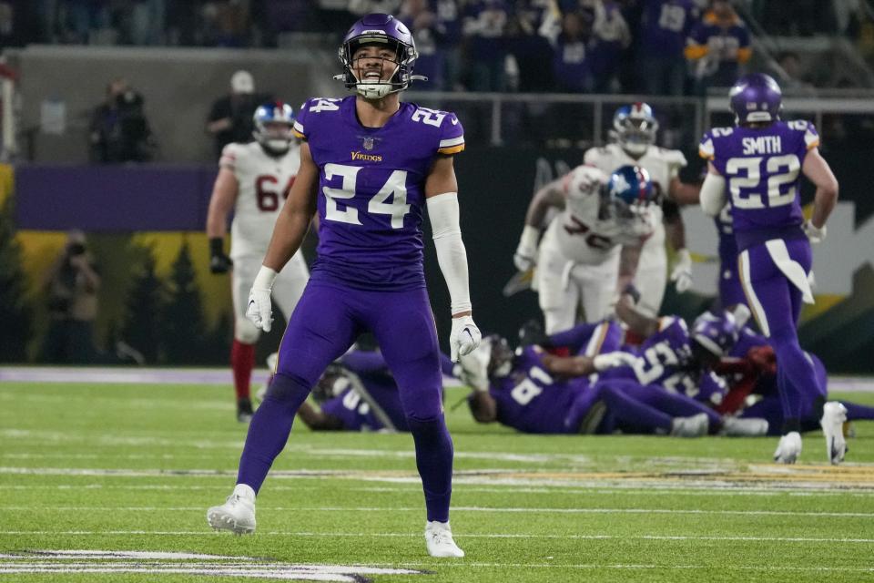Minnesota Vikings' Camryn Bynum celebrates after a sack of New York Giants' Daniel Jones during the second half of an NFL wild card football game Sunday, Jan. 15, 2023, in Minneapolis. (AP Photo/Charlie Neibergall)