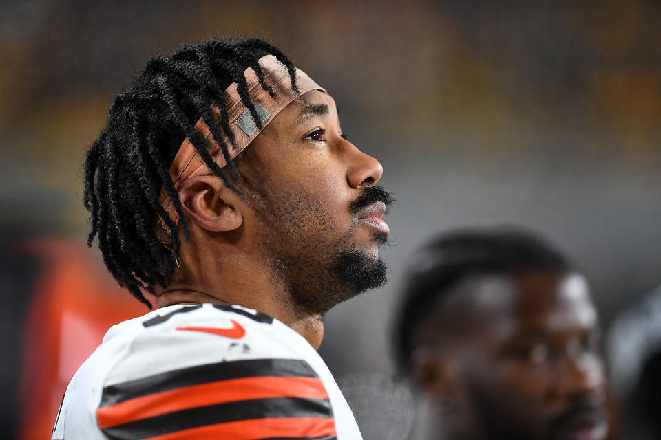 PITTSBURGH, PA - JANUARY 03:  Myles Garrett #95 of the Cleveland Browns looks on during the game against the Pittsburgh Steelers at Heinz Field on January 3, 2022 in Pittsburgh, Pennsylvania. (Photo by Joe Sargent/Getty Images)