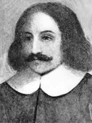 A black-and-white illustration of William Bradford, with dark shoulder-length hair and a mustache.