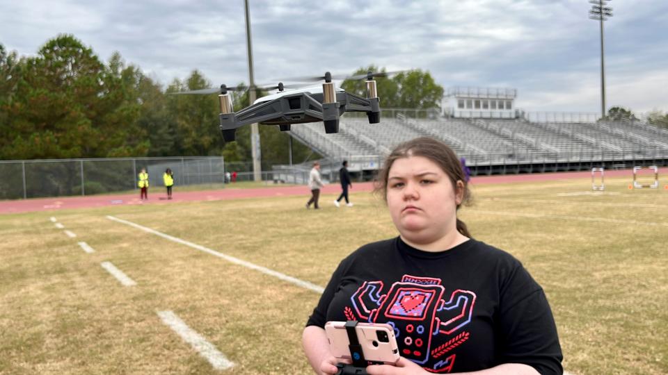 Cross Creek High School freshman Makayla Williams flies a drone during her Unmanned Aircraft Systems class on October 17, 2022 in Augusta, Georgia.