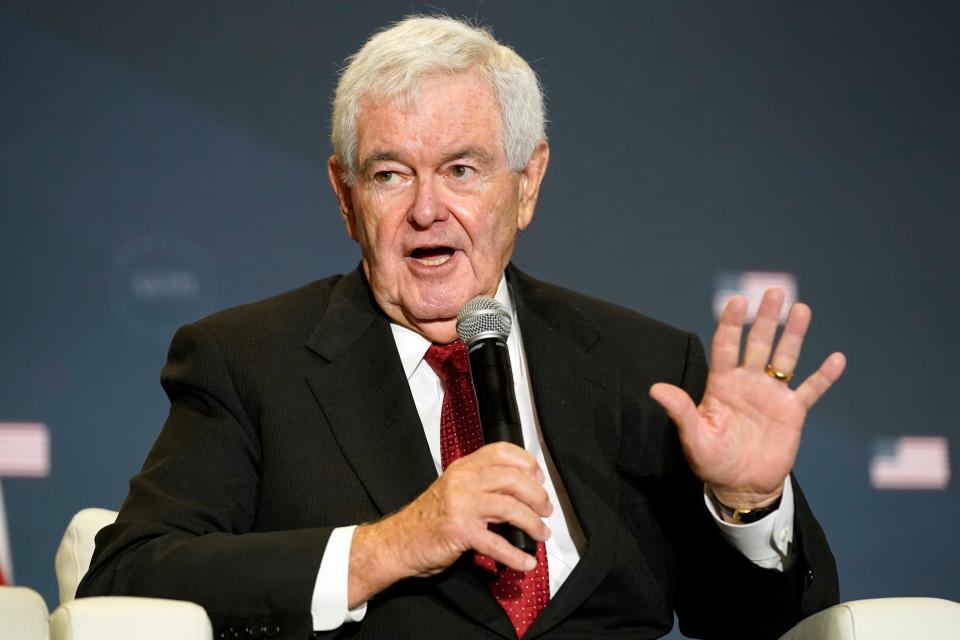 FILE - Former House Speaker Newt Gingrich speaks before former President Donald Trump at an America First Policy Institute agenda summit at the Marriott Marquis in Washington, July 26, 2022. The House panel investigating the Jan. 6 insurrection is seeking information from Gingrich about his communications with senior advisors to former President Donald Trump in the days leading up to the 2021 attack on the Capitol. (AP Photo/Andrew Harnik, File)