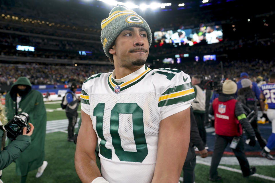 Green Bay Packers quarterback Jordan Love (10) walks off the field after playing against the New York Giants in an NFL football game, Monday, Dec. 11, 2023, in East Rutherford, N.J. (AP Photo/Seth Wenig)