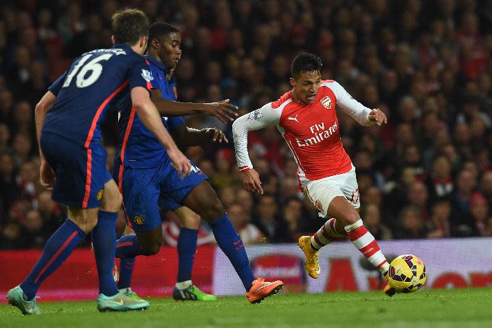 Arsenal&#39;s Alexis Sanchez, right, makes a break during the English Premier League soccer match between Arsenal and Manchester United at the Emirates Stadium, London, Saturday, Nov. 22, 2014. (AP Photo/Tim Ireland)