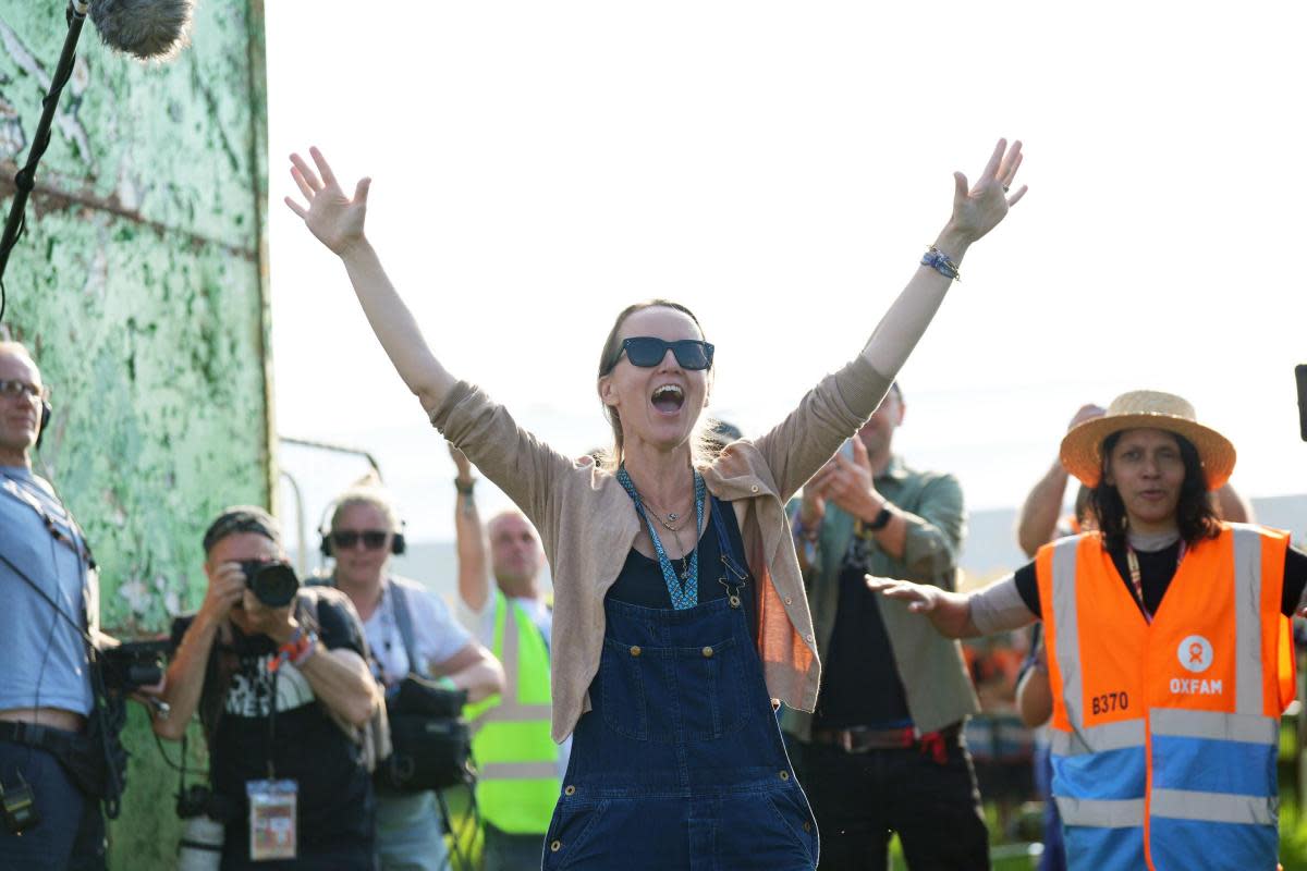 Emily Eavis opens the gates on the first day of the Glastonbury Festival at Worthy Farm in Somerset. <i>(Image: Yui Mok/PA Wire)</i>