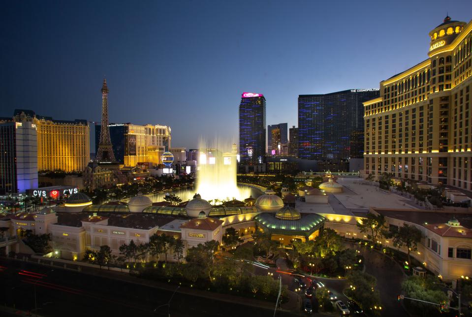 The Las Vegas Strip and Bellagio Water Fountain Show in Las Vegas, Nevada.