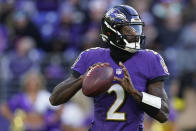 Baltimore Ravens quarterback Tyler Huntley (2) looks to pass in the second half of an NFL football game against the Denver Broncos, Sunday, Dec. 4, 2022, in Baltimore. (AP Photo/Patrick Semansky)