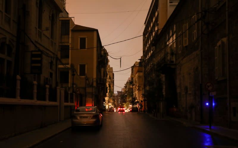 A view of a dark street during a power cut in Beirut