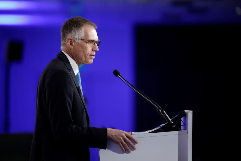 Carlos Tavares, chief executive officer of PSA Group, speaks during the annual results news conference at their headquarters in Rueil-Malmaison, near Paris