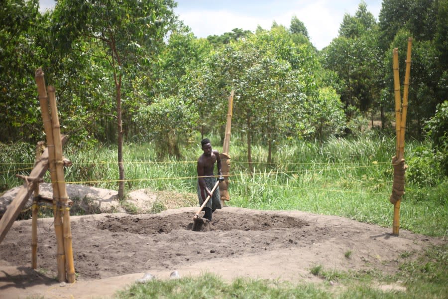 Ugandan youth prepare a ring before an amateur wrestling tangle in the soft mud in Kampala, Uganda Wednesday, March. 20, 2023. The open-air training sessions, complete with an announcer and a referee, imitate the pro wrestling contests the youth regularly see on television. While a pair tangles inside the ring, made with bamboo poles strung with sisal rope, others standing ringside cheer feints and muscular shows of strength. (AP Photo/Patrick Onen)