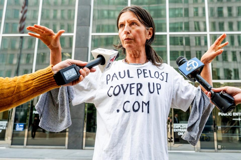 Gypsy Taub, who has two children with David DePape, pictured outside his federal trial in November (AP)