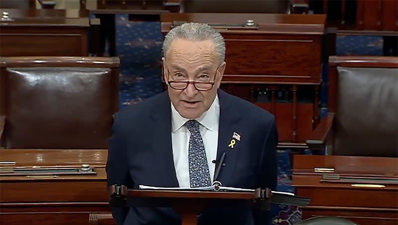 In this image from video provided by Senate TV, Senate Majority Leader Chuck Schumer, D-N.Y., speaks on the Senate floor at the Capitol in Washington, March 14, 2024. Schumer is calling on Israel to hold new elections. Schumer says he believes Israeli Prime Minister Benjamin Netanyahu has "lost his way" amid the Israeli bombardment of Gaza and a growing humanitarian crisis there. Schumer is the first Jewish majority leader in the Senate and the highest-ranking Jewish official in the U.S.